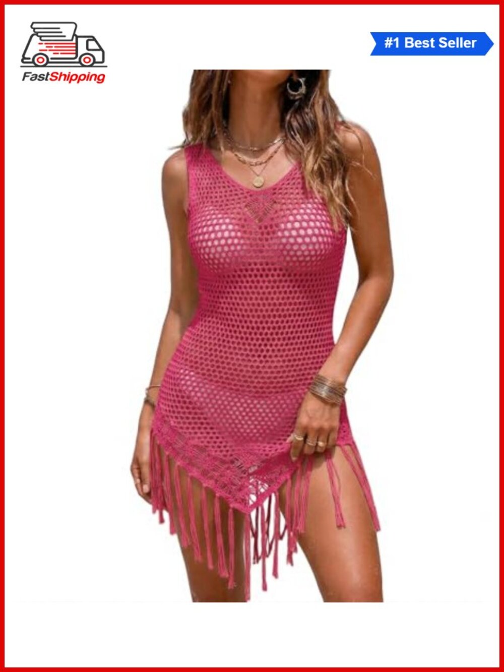 ✨ Ekouaer Crochet Swimsuit Coverup Sleeveless Tassel Trim Beach Bikini Cover Up